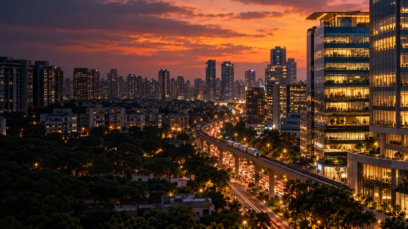 Illustrative setting: workplaces across a city at dusk.