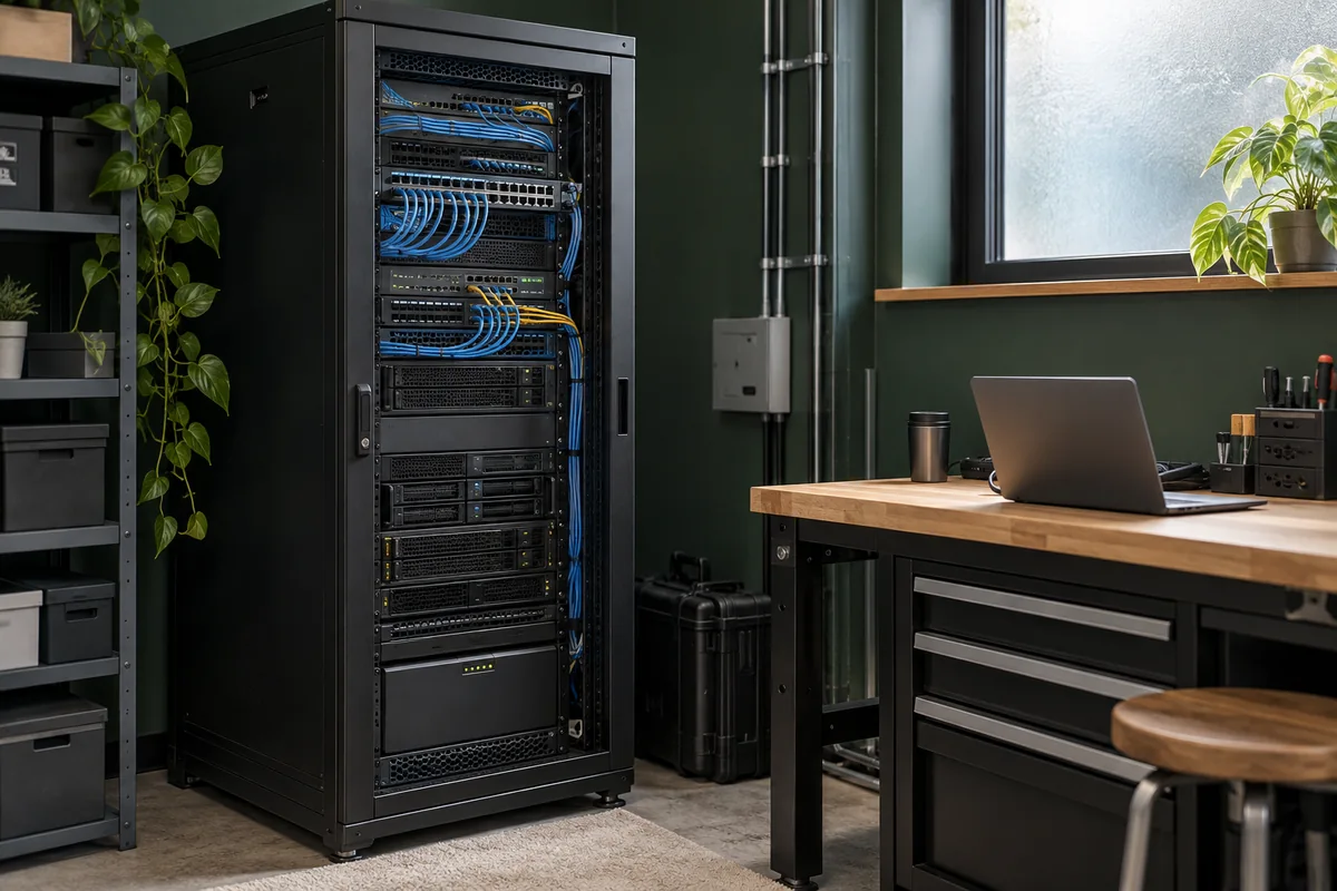 Illustrative on-site IT room with a compact server cabinet and a maintenance laptop.