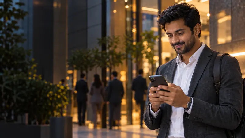 Illustrative setting: a person checks a mobile device outside an office.