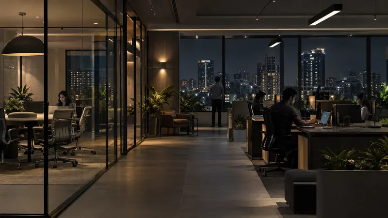 Illustrative office with people working across several areas.