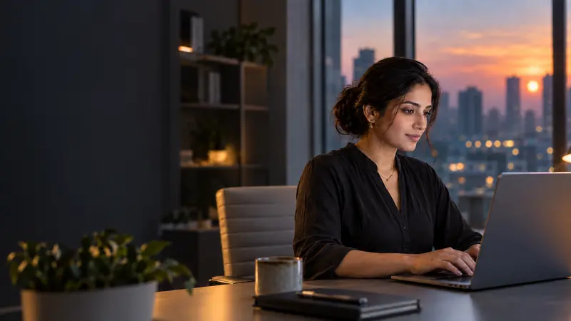 Illustrative scene of a person working on a laptop beside a city window.