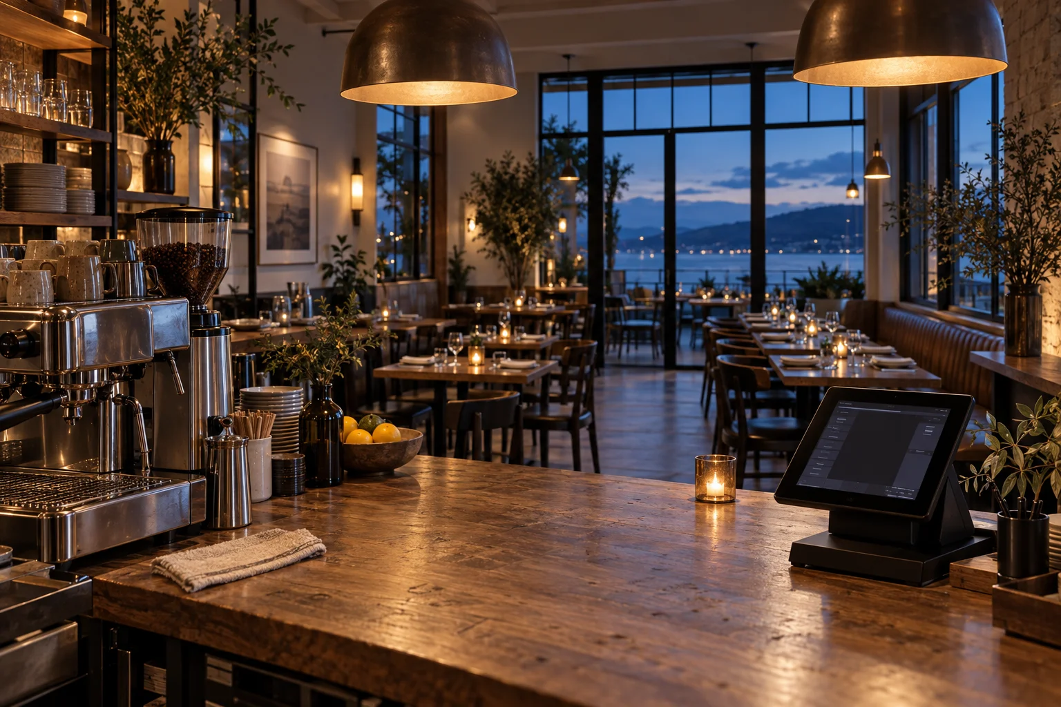 Illustrative restaurant interior with a point-of-sale terminal on the counter.
